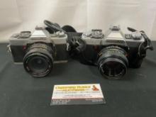 Pair of Minolta Film Cameras models XG1 w/ field case and Sears Lens & XG7 w/ Minolta 49mm Lens