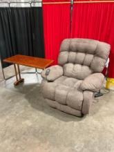 Stanton Grey Houndstooth Fabric Power Recliner Model 5785340 & Handmade Wooden Side Table. See pi...