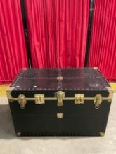 Vintage Black Leather Steamer Trunk w/ Brass Accents & Studs. Locked, No Key, As Is. See pics.