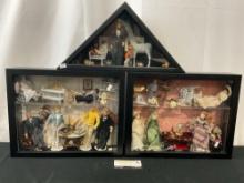 Three Shadowboxes w/ Antique Dolls & Mini Furniture, pair of rectangles and one triangle
