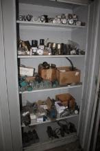 Metal Storage Cabinet w/Contents, Pneumatic Air Valves, Lube & Separator Co