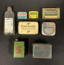 Advertising Bottle;     7 Old Tins