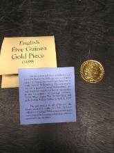 English Five Guinea Gold Piece 1699 -reproduction