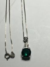 .925 Sterling Silver 3ct Green Gemstone Pendant On 24" Chain
