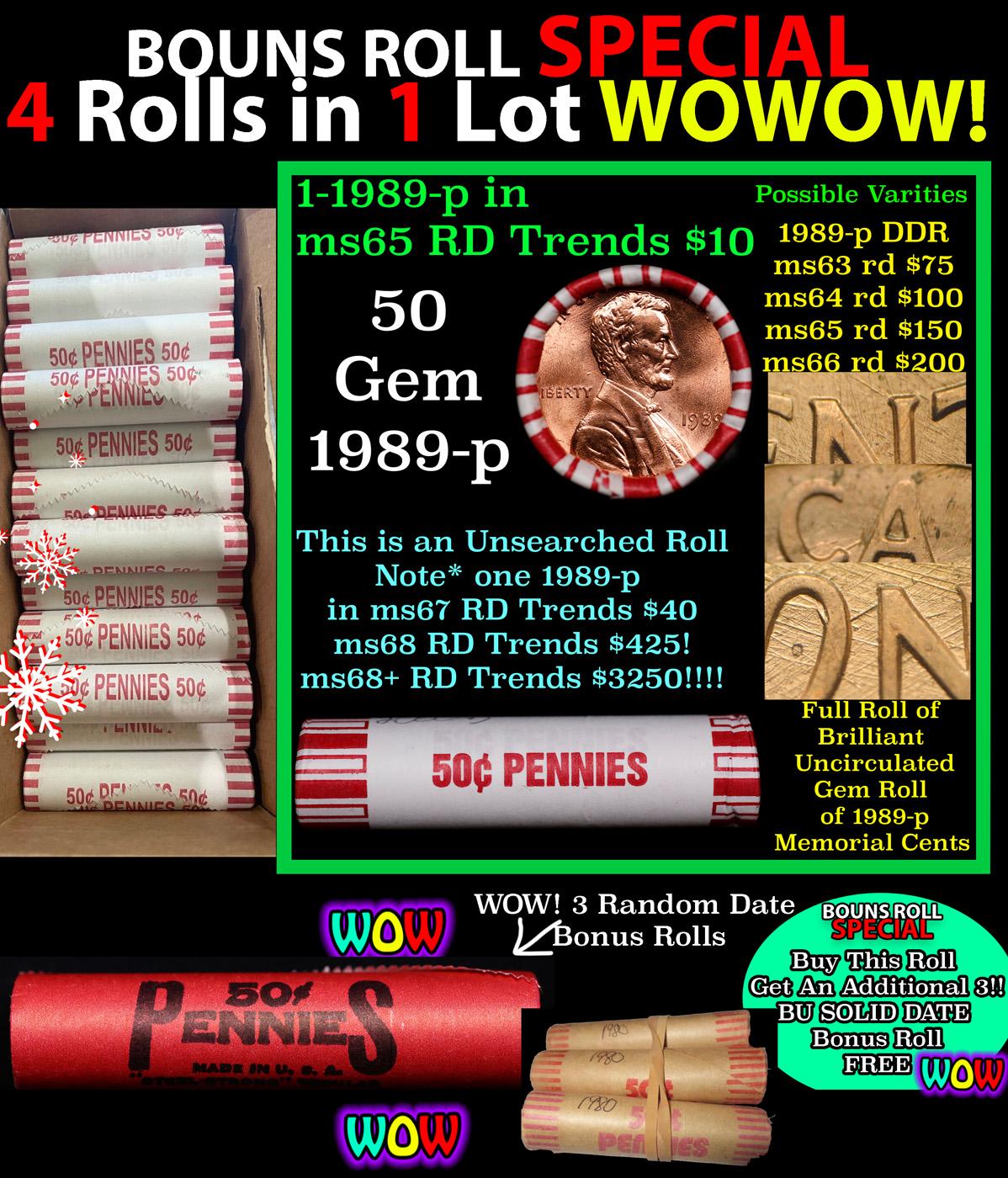 THIS AUCTION ONLY! BU Shotgun Lincoln 1c roll, 1989-p 50 pcs Plus THREE bonus random date BU roll! B