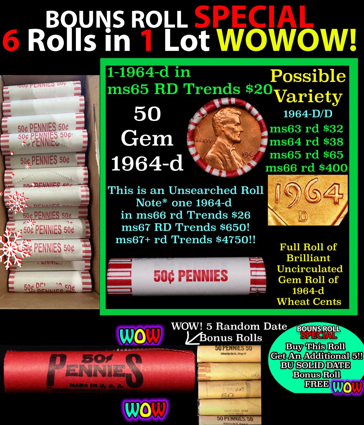 THIS AUCTION ONLY! BU Shotgun Lincoln 1c roll, 1964-d 50 pcs Plus FIVE bonus random date BU roll! Ba