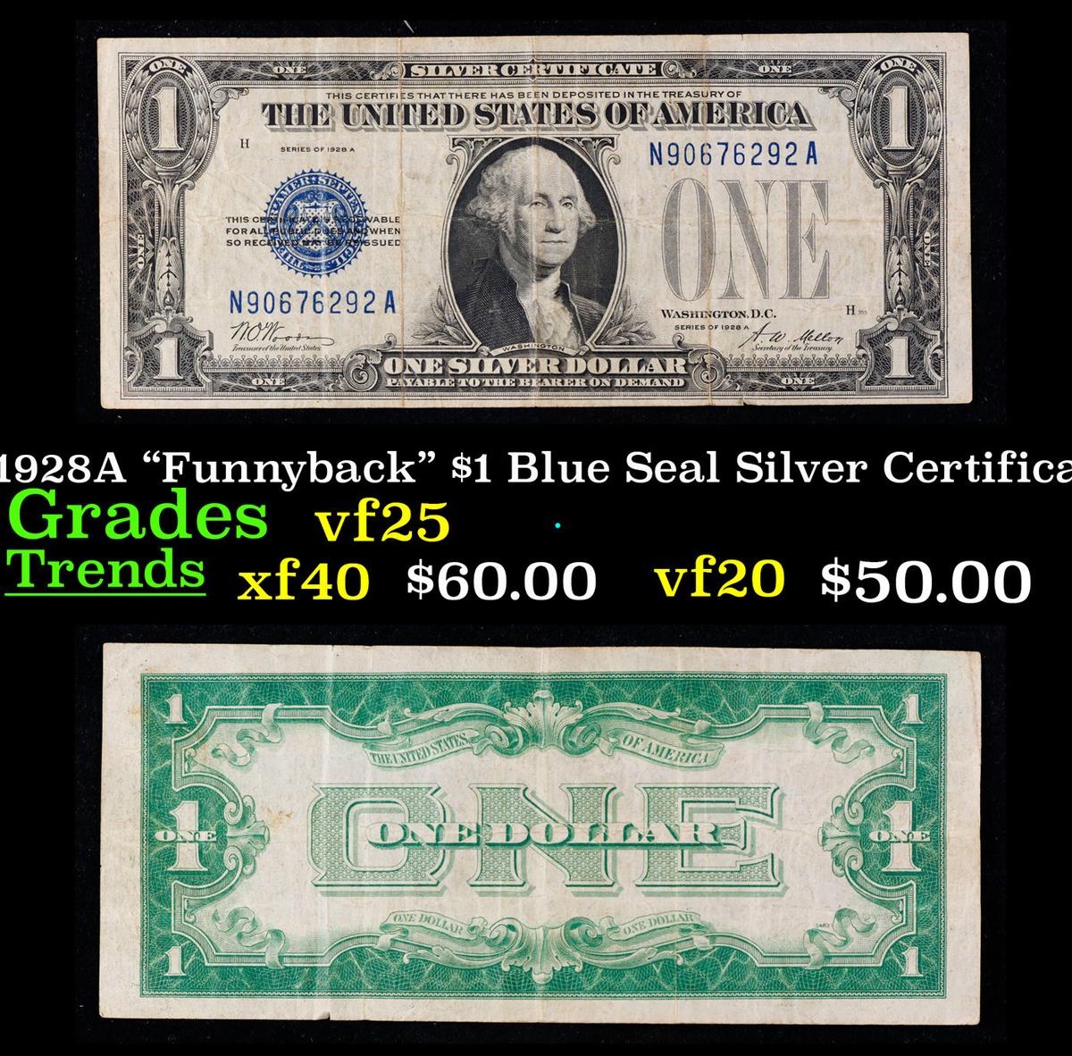 1928A "Funnyback" $1 Blue Seal Silver Certificate Grades vf+