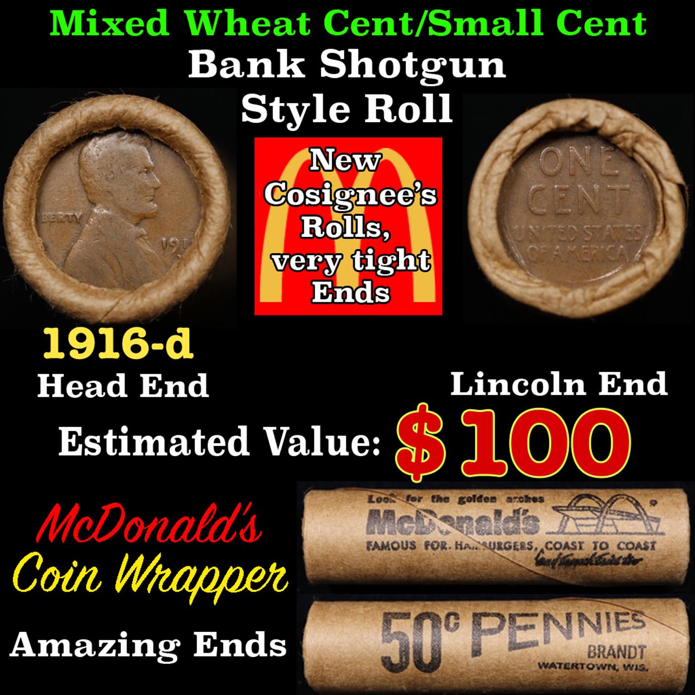 Lincoln Wheat Cent 1c Mixed Roll Orig Brandt McDonalds Wrapper, 1916-d end, Wheat other end