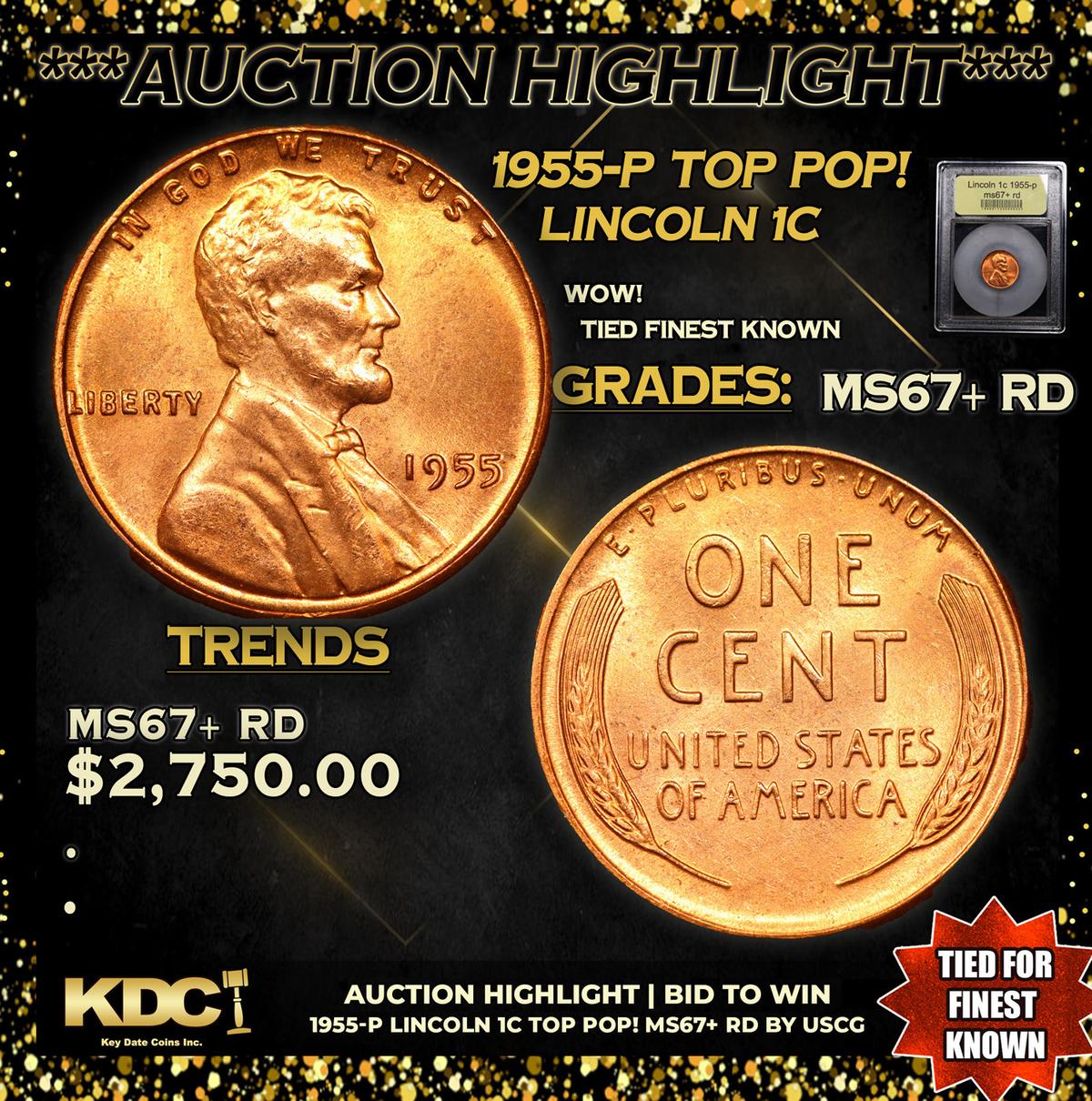 ***Auction Highlight*** 1955-p Lincoln Cent TOP POP! 1c Graded GEM++ RD By USCG (fc)
