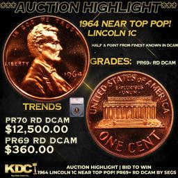Proof ***Auction Highlight*** 1964 Lincoln Cent Near Top Pop! 1c Graded pr69+ rd DCAM BY SEGS (fc)