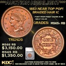 ***Auction Highlight*** 1853 Braided Hair Large Cent Near TOP POP! 1c Graded ms65+ rb By SEGS (fc)