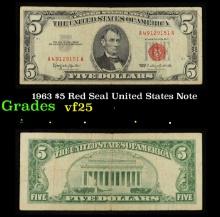 1963 $5 Red Seal United States Note Grades vf+