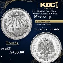 1940 Mexico 1 Peso Silver Santos Collection KM# 455 Grades GEM Unc BY SEGS