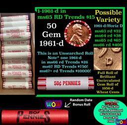 THIS AUCTION ONLY! BU Shotgun Lincoln 1c roll, 1961-d 50 pcs Plus one bonus random date BU roll! Ban