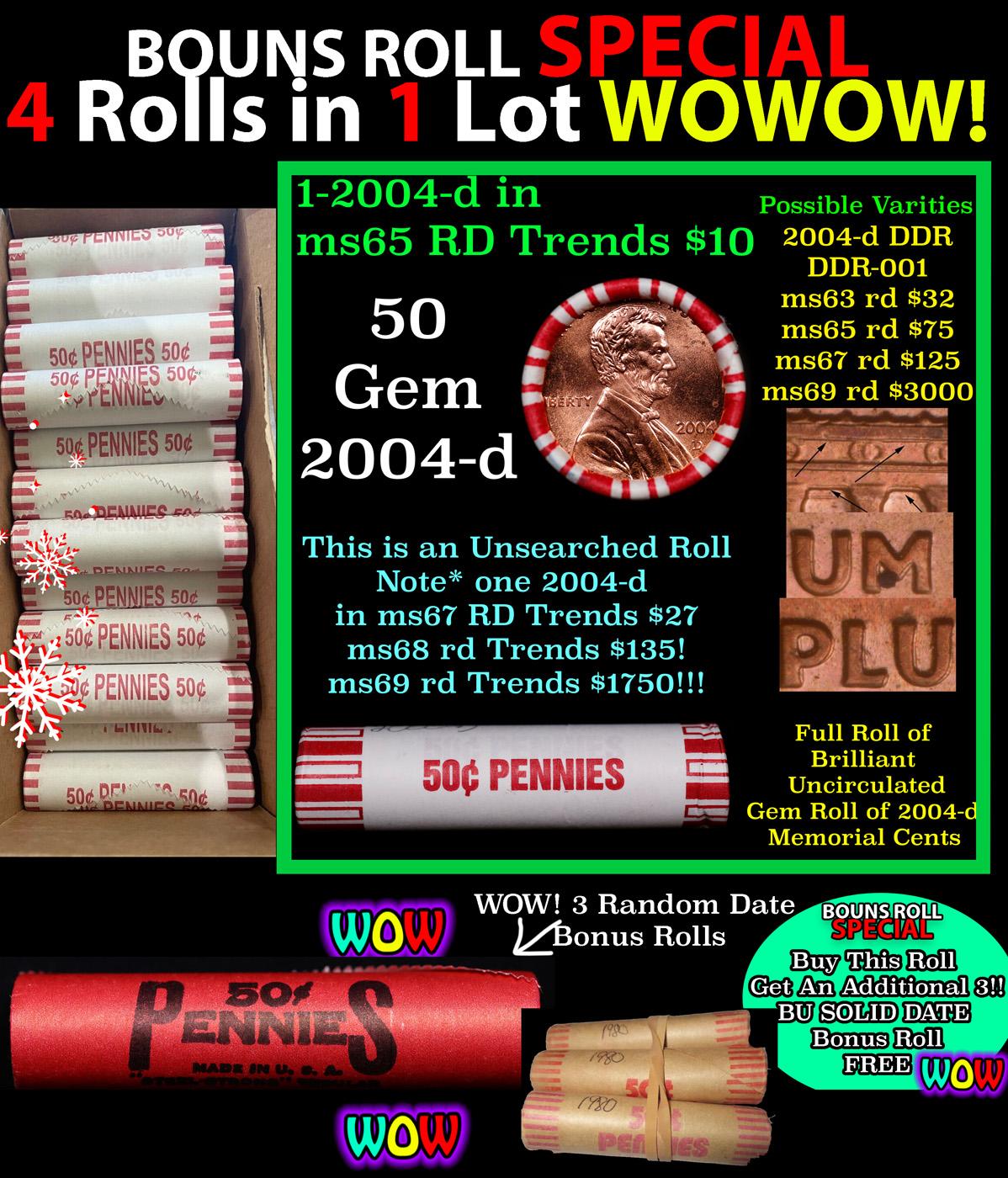 THIS AUCTION ONLY! BU Shotgun Lincoln 1c roll, 2004-d 50 pcs Plus THREE bonus random date BU roll! B