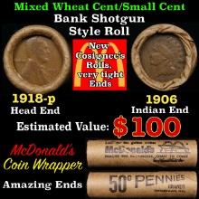 Small Cent Mixed Roll Orig Brandt McDonalds Wrapper, 1918-p Lincoln Wheat end, 1906 Indian other end