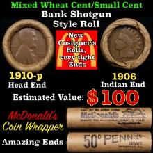 Small Cent Mixed Roll Orig Brandt McDonalds Wrapper, 1910-p Lincoln Wheat end, 1906 Indian other end