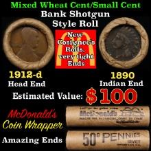 Small Cent Mixed Roll Orig Brandt McDonalds Wrapper, 1912-d Lincoln Wheat end, 1890 Indian other end