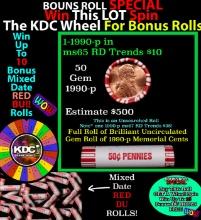 1-10 FREE BU RED Penny rolls with win of this 1990-p SOLID RED BU Lincoln 1c roll incredibly FUN whe