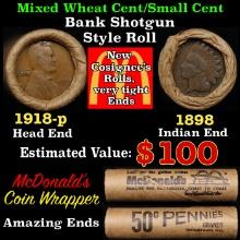 Small Cent Mixed Roll Orig Brandt McDonalds Wrapper, 1918-p Lincoln Wheat end, 1898 Indian other end