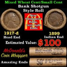 Small Cent Mixed Roll Orig Brandt McDonalds Wrapper, 1917-d Lincoln Wheat end, 1899 Indian other end