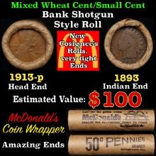 Small Cent Mixed Roll Orig Brandt McDonalds Wrapper, 1913-p Lincoln Wheat end, 1893 Indian other end