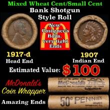 Small Cent Mixed Roll Orig Brandt McDonalds Wrapper, 1917-d Lincoln Wheat end, 1907 Indian other end