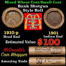 Small Cent Mixed Roll Orig Brandt McDonalds Wrapper, 1910-p Lincoln Wheat end, 1901 Indian other end
