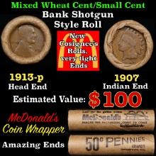 Small Cent Mixed Roll Orig Brandt McDonalds Wrapper, 1913-p Lincoln Wheat end, 1907 Indian other end