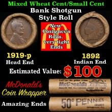 Small Cent Mixed Roll Orig Brandt McDonalds Wrapper, 1919-p Lincoln Wheat end, 1892 Indian other end