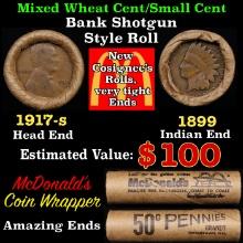 Small Cent Mixed Roll Orig Brandt McDonalds Wrapper, 1917-s Lincoln Wheat end, 1899 Indian other end
