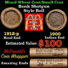 Small Cent Mixed Roll Orig Brandt McDonalds Wrapper, 1912-p Lincoln Wheat end, 1900 Indian other end