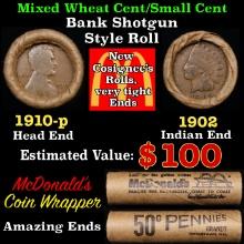 Small Cent Mixed Roll Orig Brandt McDonalds Wrapper, 1910-p Lincoln Wheat end, 1902 Indian other end