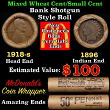 Small Cent Mixed Roll Orig Brandt McDonalds Wrapper, 1918-s Lincoln Wheat end, 1896 Indian other end