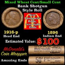 Small Cent Mixed Roll Orig Brandt McDonalds Wrapper, 1916-p Lincoln Wheat end, 1896 Indian other end