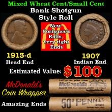 Small Cent Mixed Roll Orig Brandt McDonalds Wrapper, 1913-d Lincoln Wheat end, 1907 Indian other end