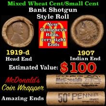 Lincoln Wheat Cent 1c Mixed Roll Orig Brandt McDonalds Wrapper, 1919-d end, 1907 Indian other end