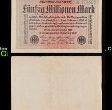 1923 Weimar Germany 50 Million Marks Hyperinflation Banknote P# 109a, Gray Paper, Watermark Crucifer