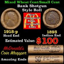 Small Cent Mixed Roll Orig Brandt McDonalds Wrapper, 1918-p Lincoln Wheat end, 1893 Indian other end