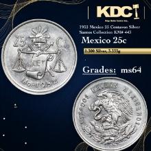 1952 Mexico 25 Centavos Silver Santos Collection KM# 443 Grades Choice Unc