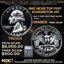 Proof ***Auction Highlight*** 1962 Washington Quarter Near Top Pop! 25c Graded pr69+ dcam By SEGS (f