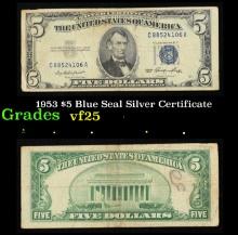 1953 $5 Blue Seal Silver Certificate Grades vf+