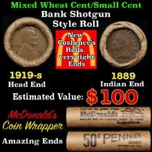 Small Cent Mixed Roll Orig Brandt McDonalds Wrapper, 1919-s Lincoln Wheat end, 1889 Indian other end