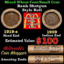 Small Cent Mixed Roll Orig Brandt McDonalds Wrapper, 1919-s Lincoln Wheat end, 1909 Indian other end