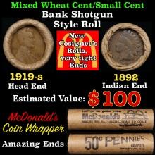 Small Cent Mixed Roll Orig Brandt McDonalds Wrapper, 1919-s Lincoln Wheat end, 1892 Indian other end