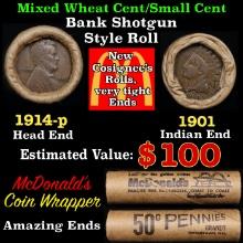 Small Cent Mixed Roll Orig Brandt McDonalds Wrapper, 1914-p Lincoln Wheat end, 1901 Indian other end