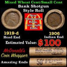 Small Cent Mixed Roll Orig Brandt McDonalds Wrapper, 1919-d Lincoln Wheat end, 1906 Indian other end