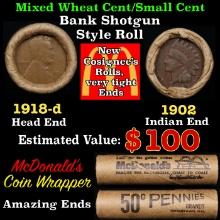 Small Cent Mixed Roll Orig Brandt McDonalds Wrapper, 1918-d Lincoln Wheat end, 1902 Indian other end