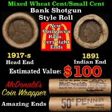 Small Cent Mixed Roll Orig Brandt McDonalds Wrapper, 1917-s Lincoln Wheat end, 1891 Indian other end