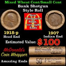 Small Cent Mixed Roll Orig Brandt McDonalds Wrapper, 1918-p Lincoln Wheat end, 1907 Indian other end